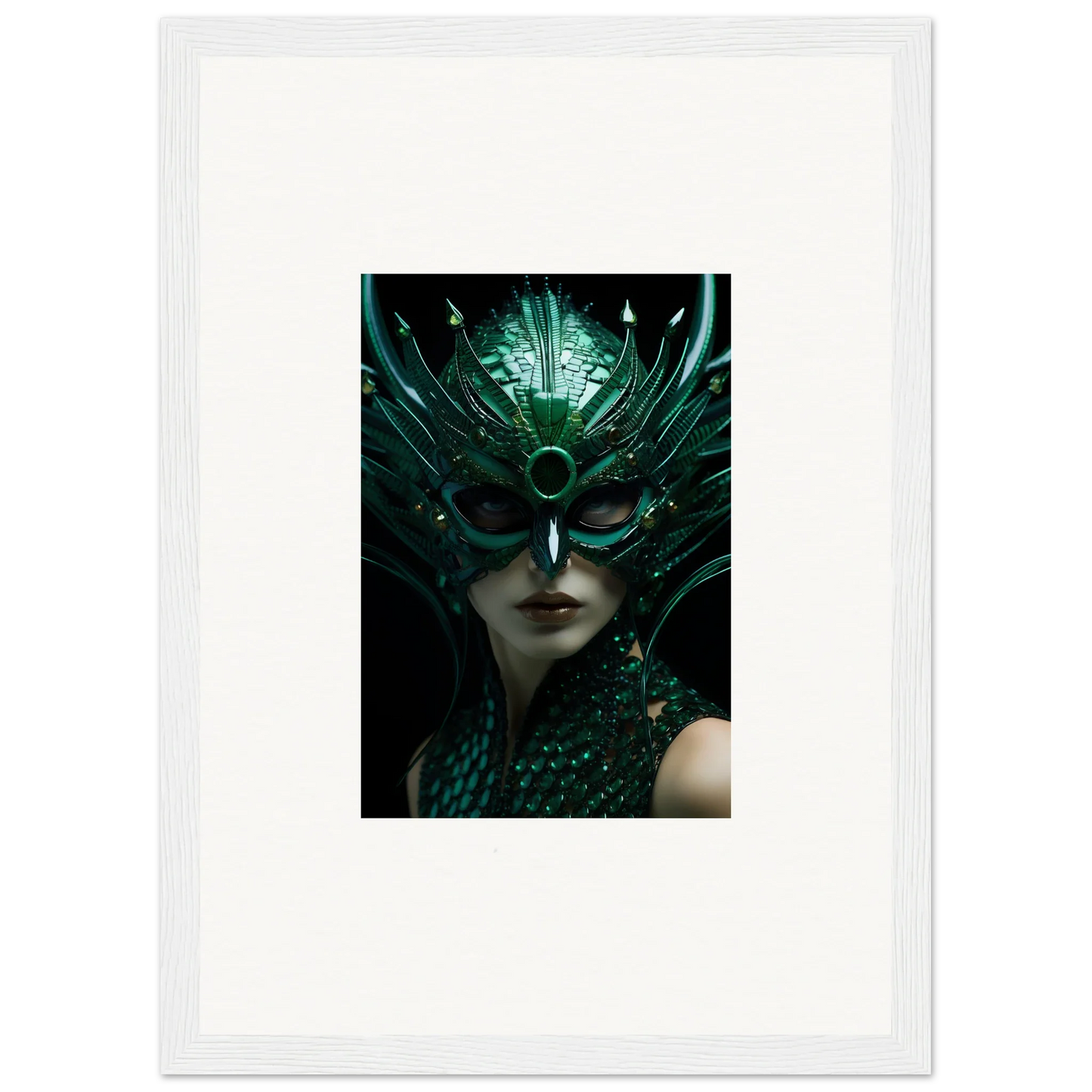 Ornate green mask with feathers for a unique enigma enunciations room decoration