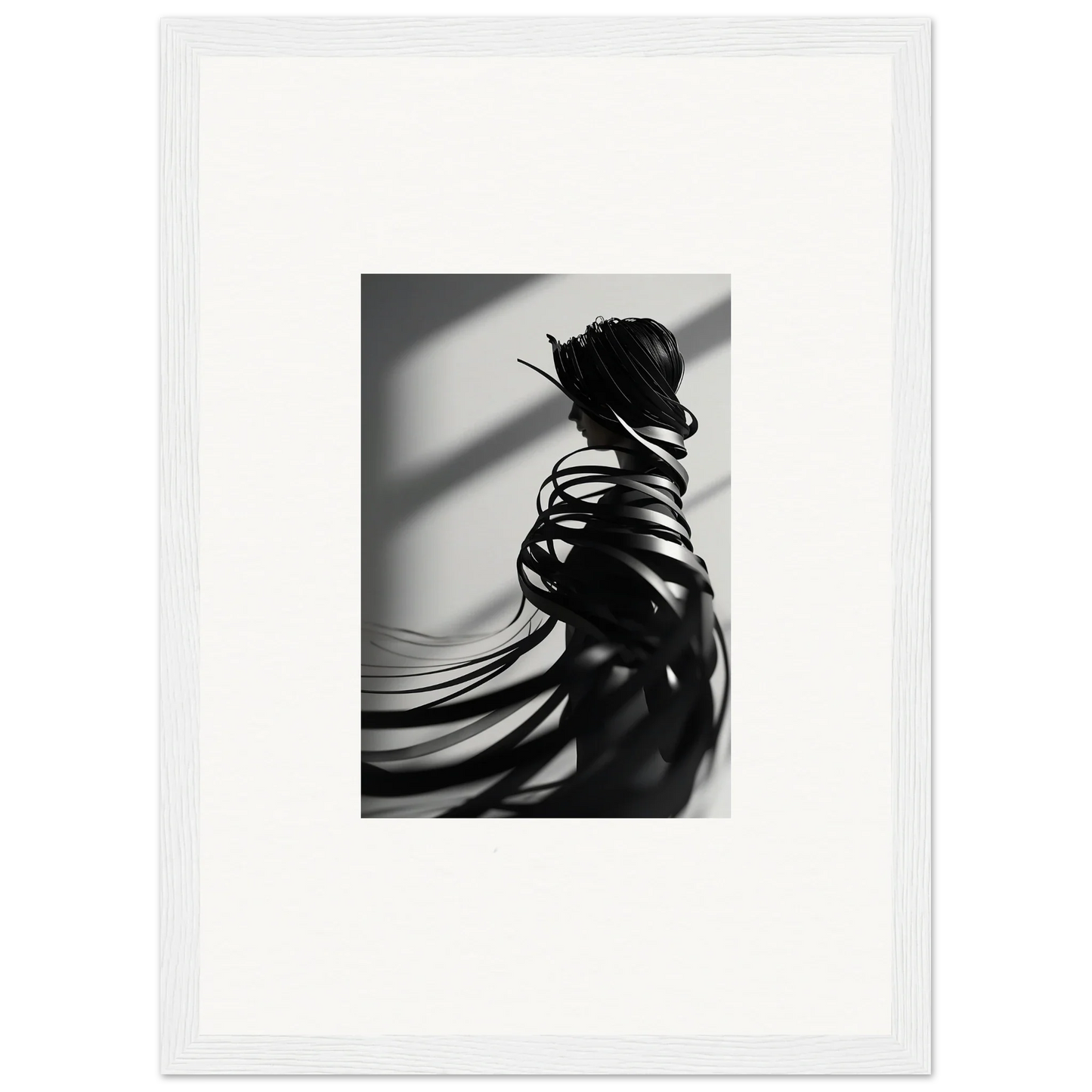 Stylish black and white silhouette with flowing fabric, perfect for ribbon shares canvas print