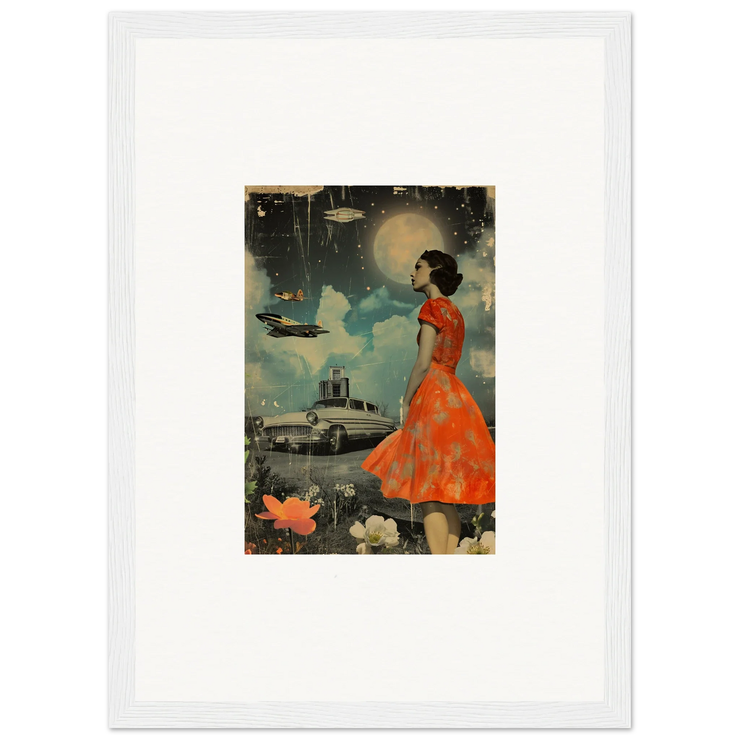 Vintage illustration of a woman in orange dress for retro bloom room decoration canvas print