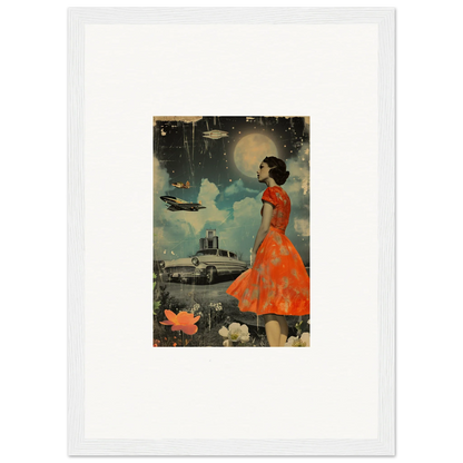 Vintage illustration of a woman in orange dress for retro bloom room decoration canvas print