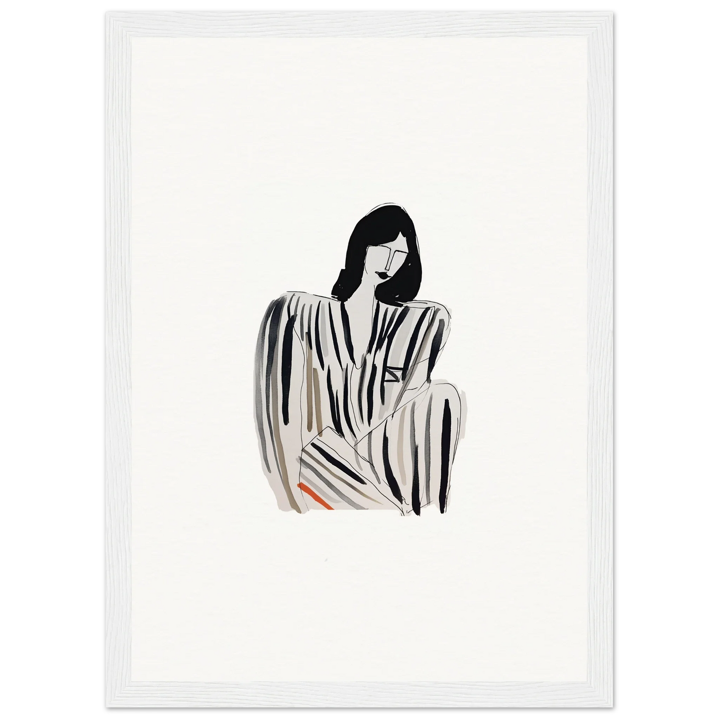 Minimalist black and white illustration of a woman in Striped Whispers Formals, great for room decoration