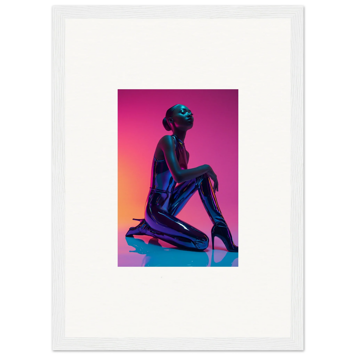 Silhouette of a kneeling figure in Neon Vortex hues for vibrant room decoration canvas print