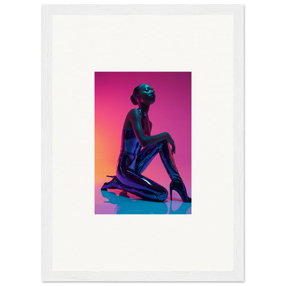 Silhouette of a kneeling figure in Neon Vortex hues for vibrant room decoration canvas print