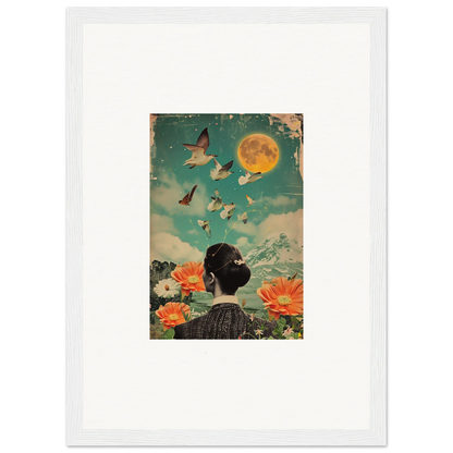 Framed canvas print of a dreamy bloom reverie with butterflies and a full moon