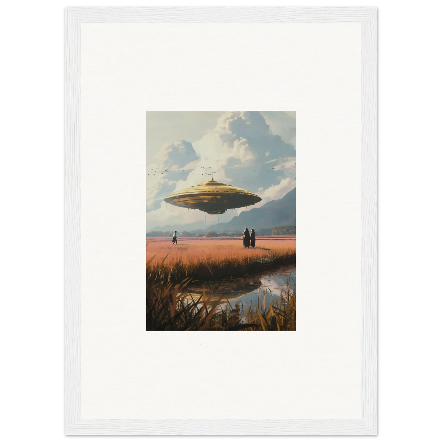 UFO hovering in the sky, perfect for room decoration and canvas print of Drifting Suns