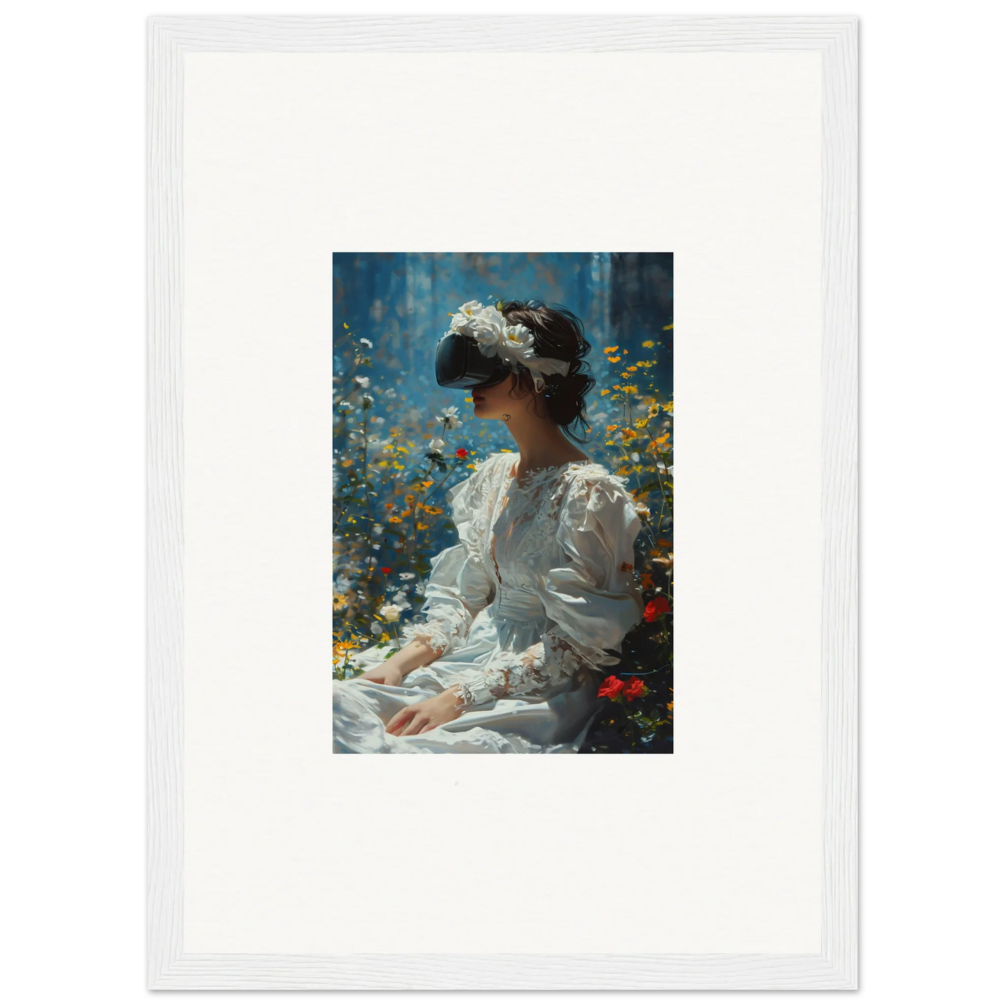 Framed canvas print of a woman in a white dress for bloom reverie room decoration