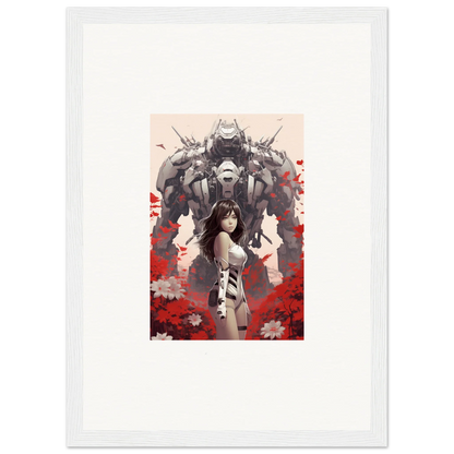 Framed canvas print of a woman with a robot, perfect for poppy lucidity room decoration