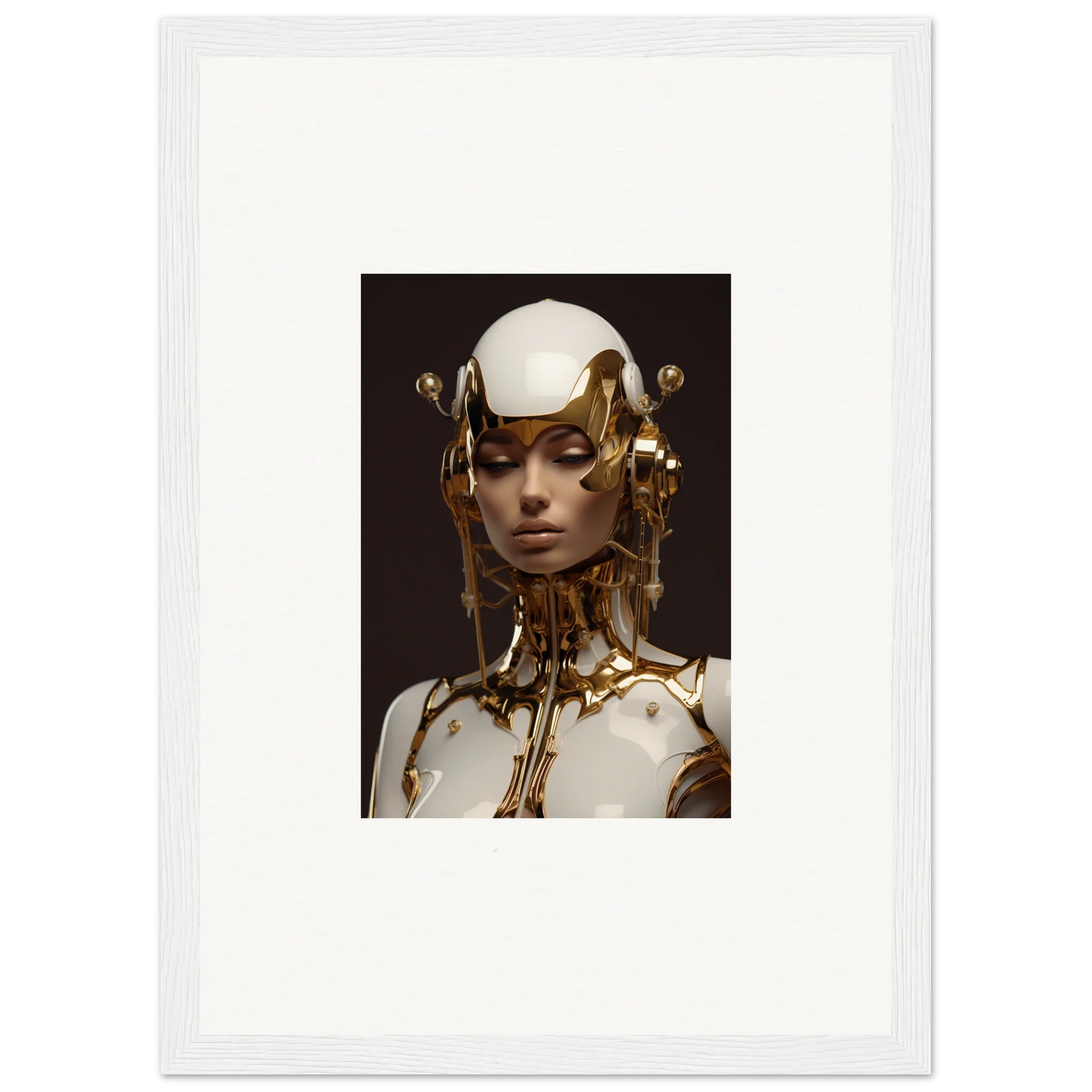 Futuristic humanoid figure with gold adornments, perfect for wall art or room decoration