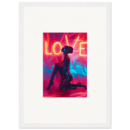 Silhouetted figure kneeling under neon LOVE sign, perfect for room decoration canvas print