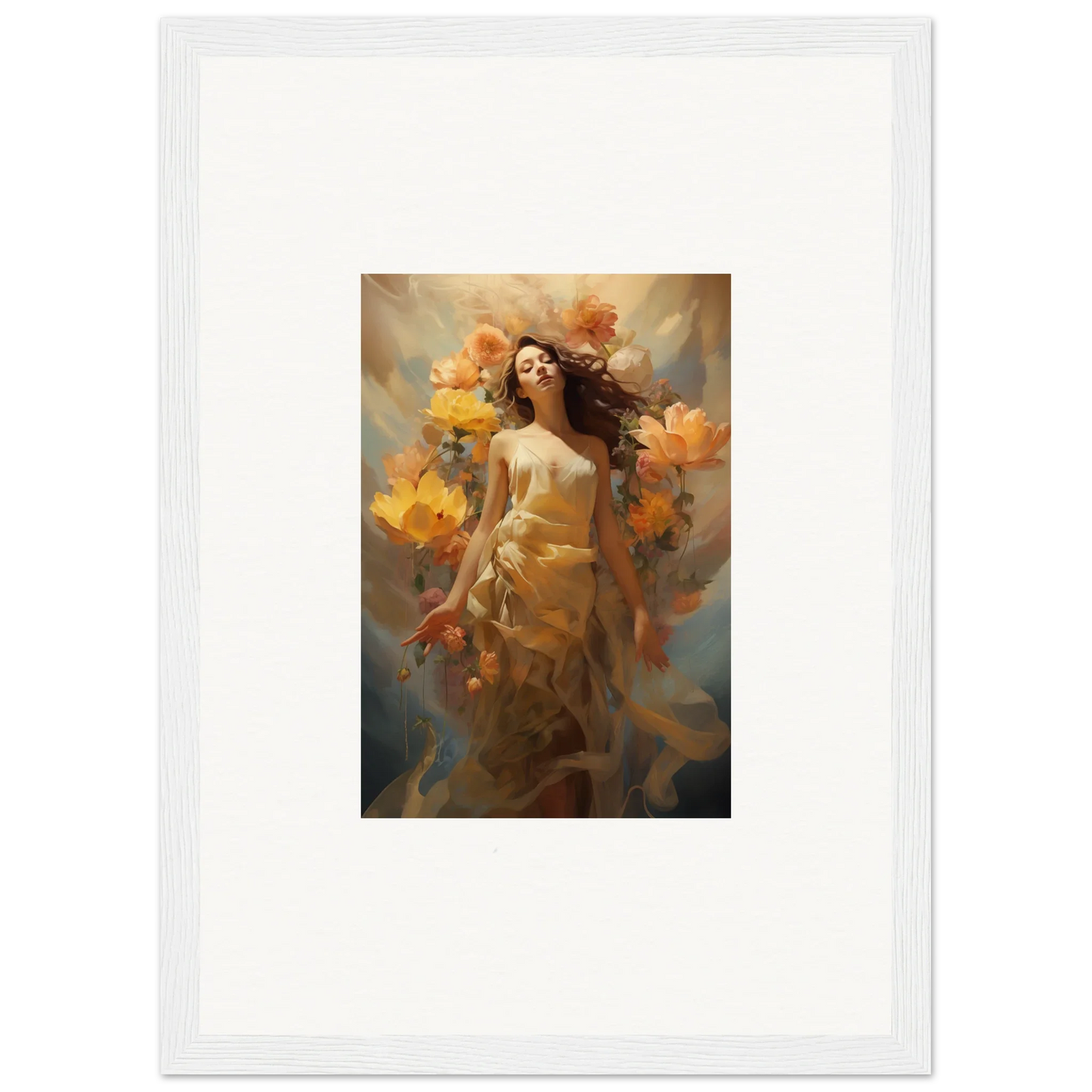 Colorful canvas print of a woman in autumn flowers for room decoration, Blossom Odyssey