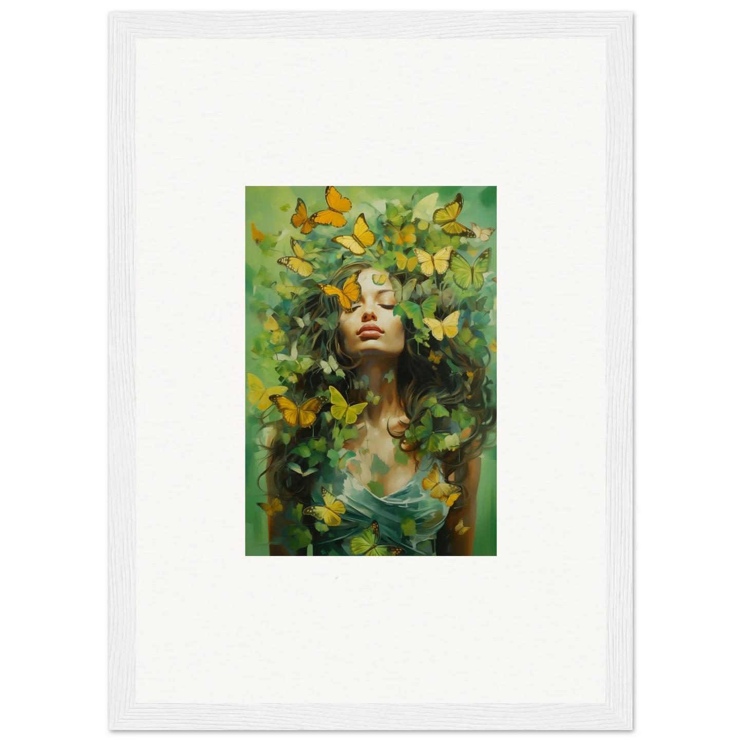 Vibrant canvas print of a woman in foliage with butterflies, perfect for room decoration