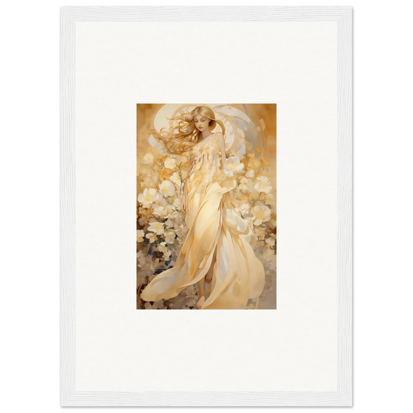 Ethereal female figure in golden robes with floral harmony, perfect for room decoration