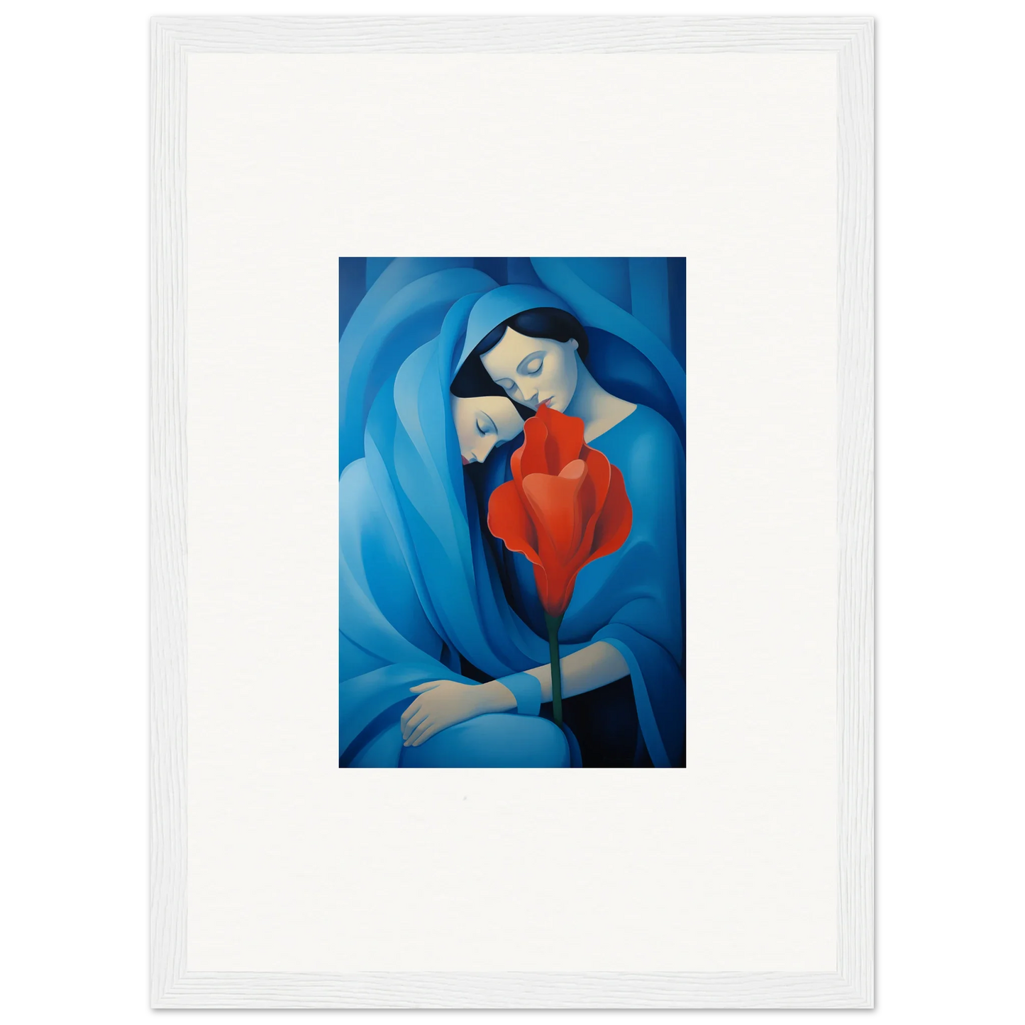 Framed canvas print of a mother and child in blue and red, perfect for Hues Fuse Twilight room decoration