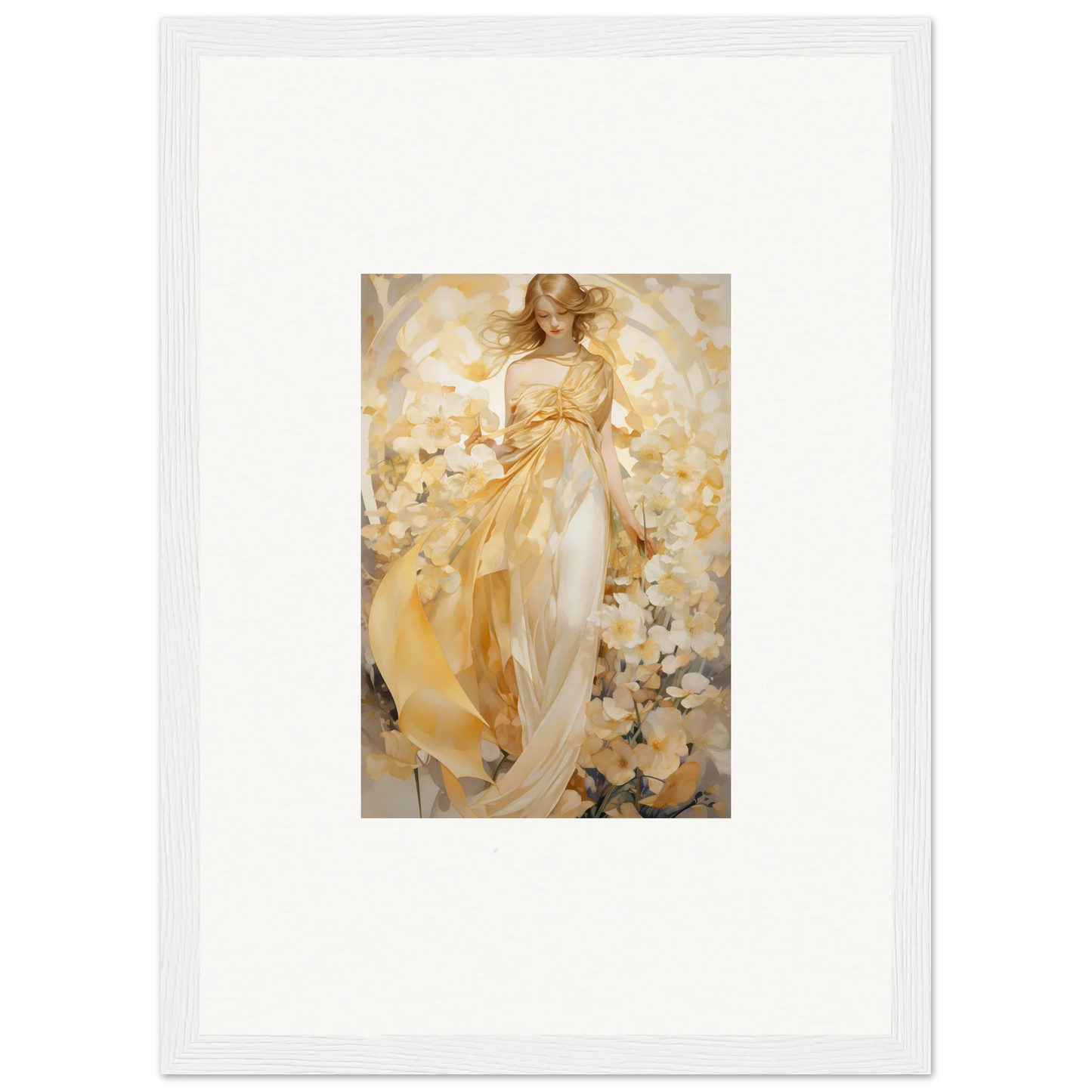 Ethereal Tango canvas print of a woman in a golden dress among flowers for room decoration