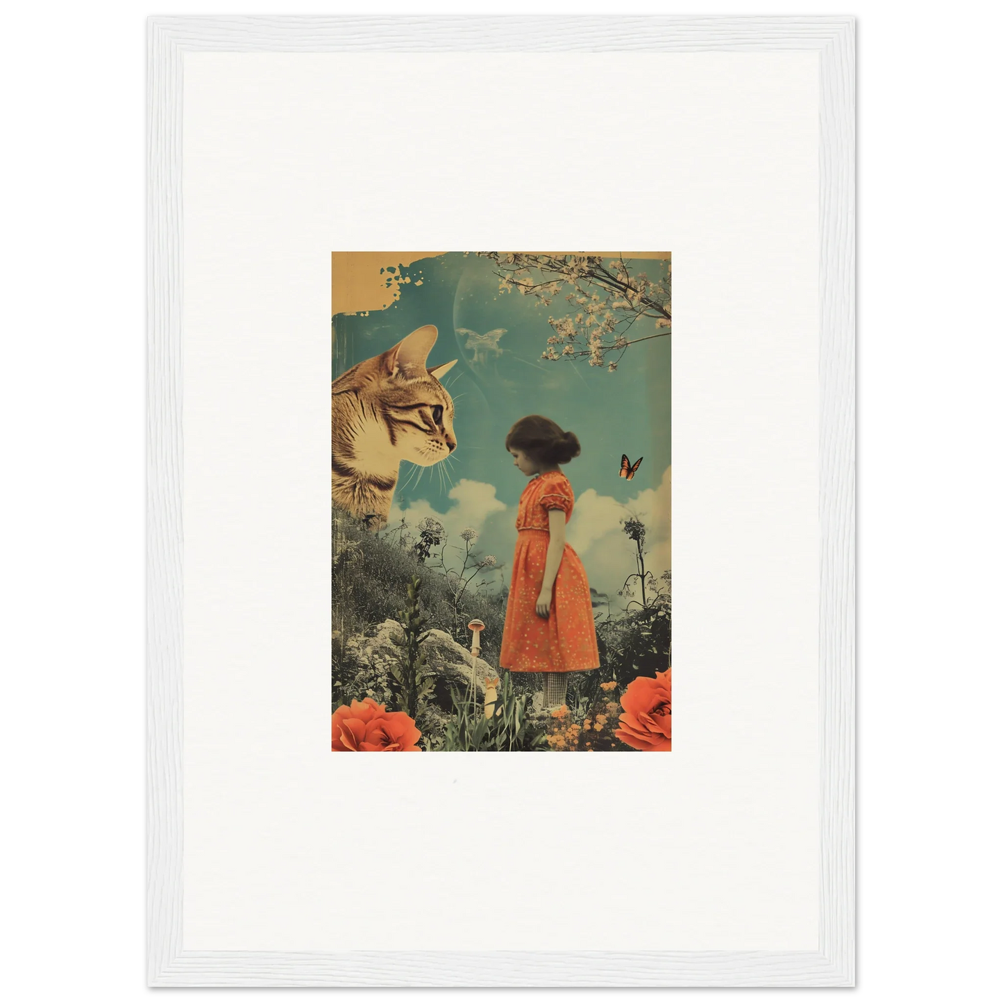 Surreal canvas print of a figure in an orange dress and a giant cat head for room decoration