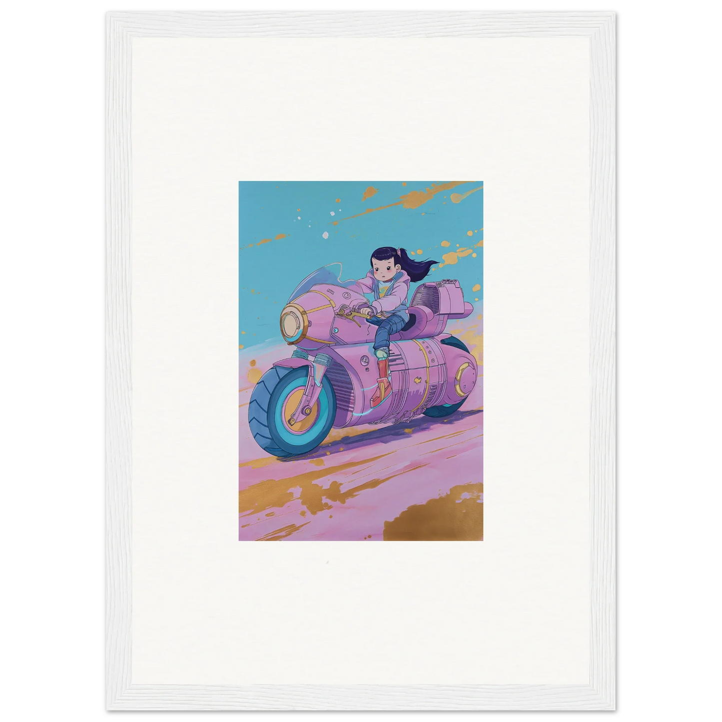 Stylized pink and purple motorcycle with rider in a futuristic setting for Paintfall Venture canvas print