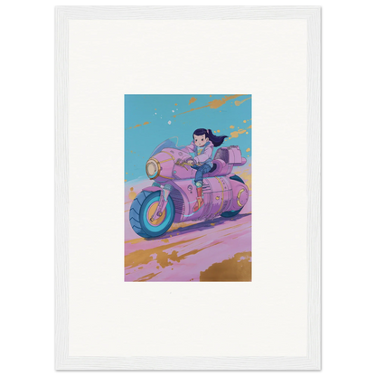 Stylized pink and purple motorcycle with rider in a futuristic setting for Paintfall Venture canvas print