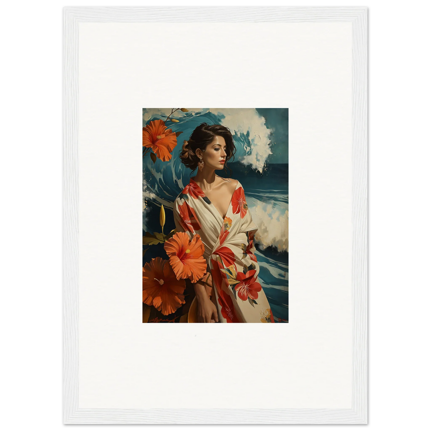 Framed canvas print of a woman in a floral robe, perfect for musing cascade room decoration