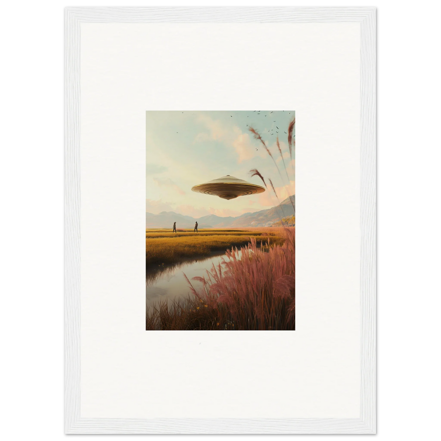 Flying saucer over marshy landscape at sunset, ideal for Meadow Raindancers room decor