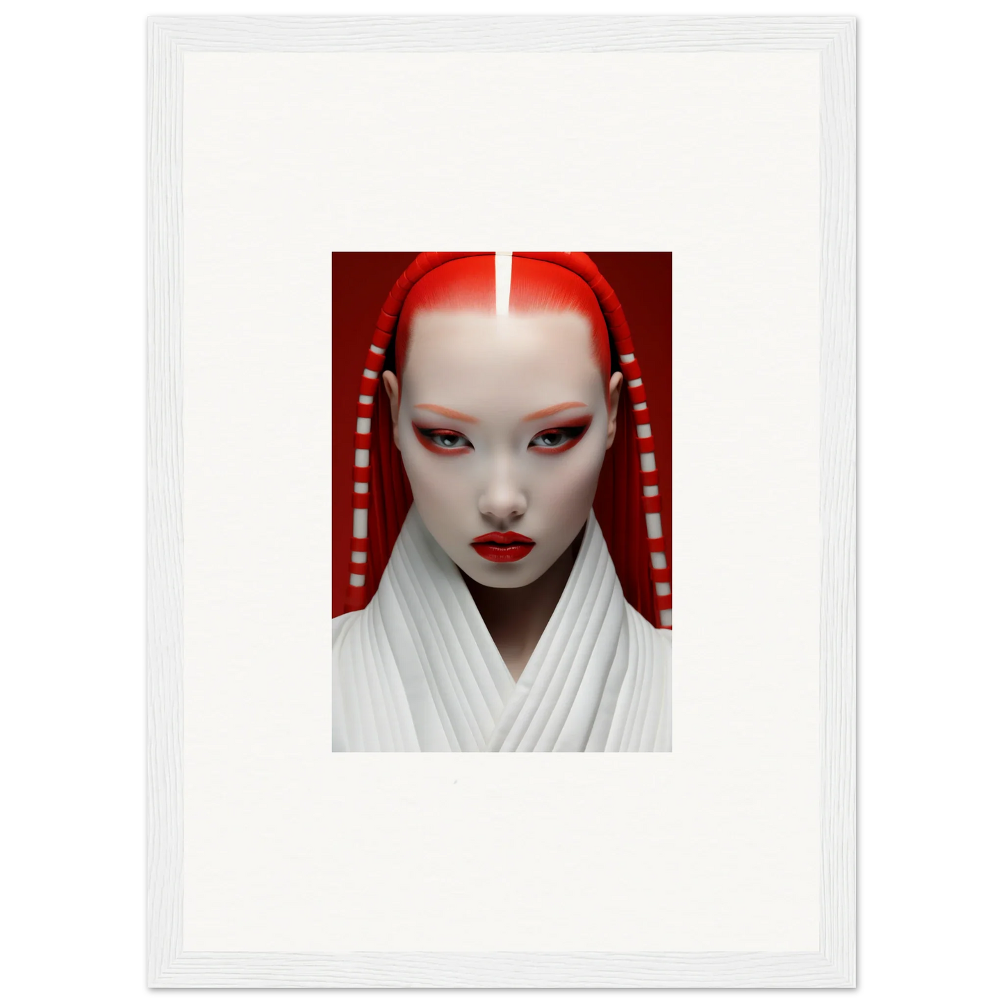 Portrait of a person with bold white makeup, red accents for Pome Artcard Whisper