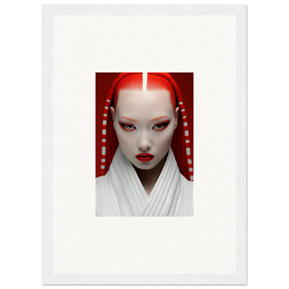 Portrait of a person with bold white makeup, red accents for Pome Artcard Whisper