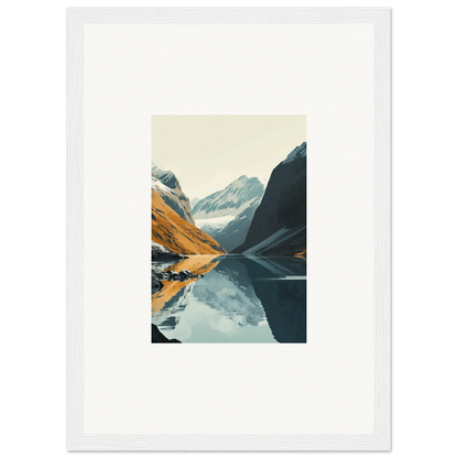 Framed landscape photo of a mountain lake reflecting Glacier Harmony, perfect for room decoration