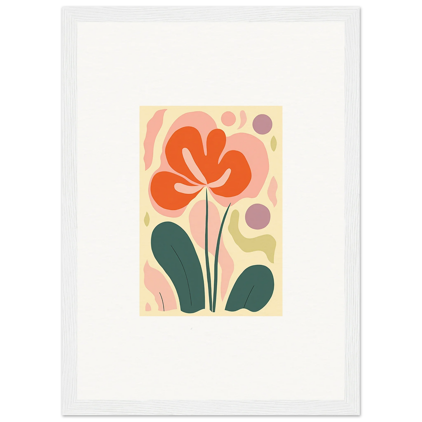 Stylized orange flower with green leaves, perfect for room decoration in a canvas print