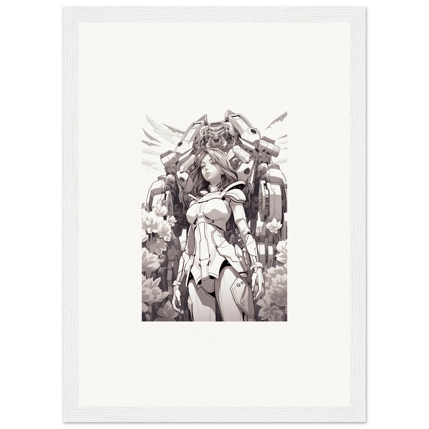 Monochromatic anime character sketch with robotic features for dream machine canvas print