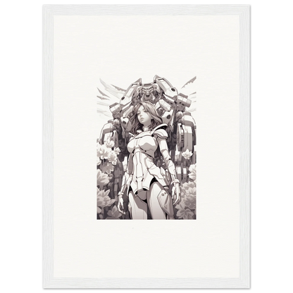 Monochromatic anime character sketch with robotic features for dream machine canvas print