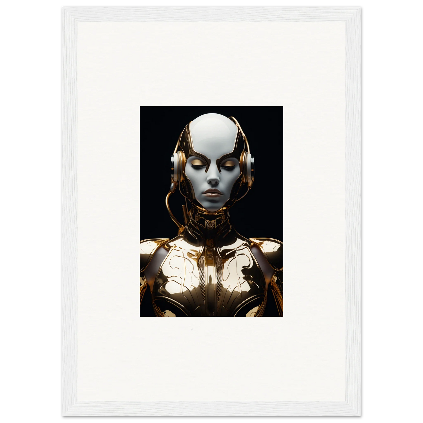 Futuristic humanoid robot with metallic face and golden accents for electrical elegance room decoration