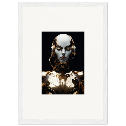 Futuristic humanoid robot with metallic face and golden accents for electrical elegance room decoration