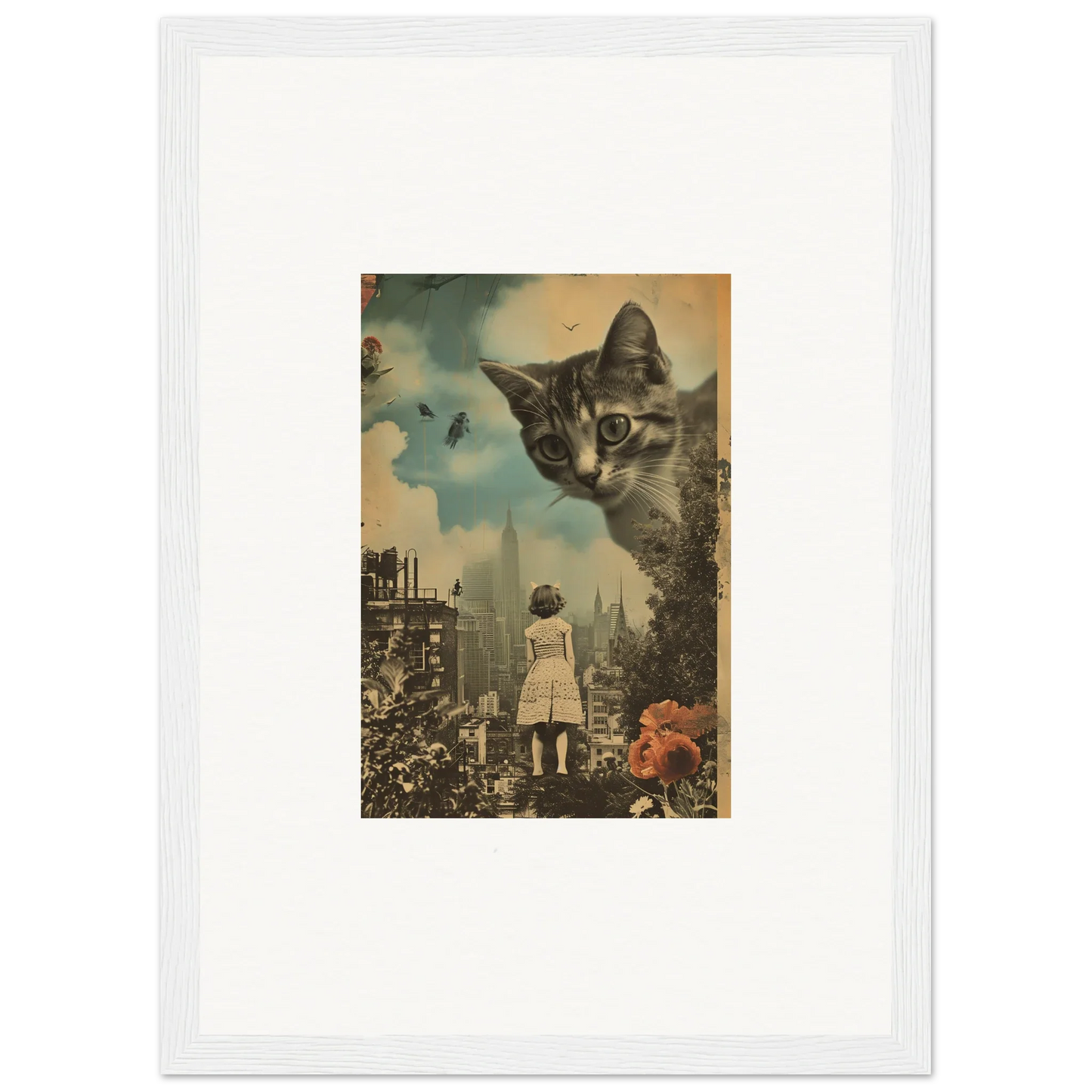 Surreal canvas print of a giant cat face over a city for unique room decoration