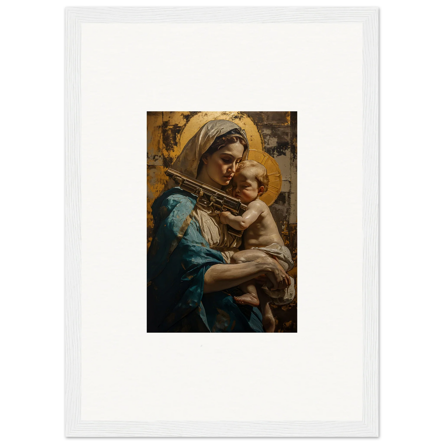 Framed canvas print of a woman and child with halos, perfect for loving sentinence room decoration