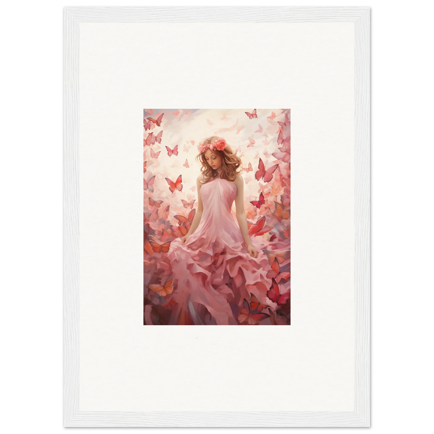 Painting of a woman in a pink dress surrounded by butterflies for autumn lattice room decoration