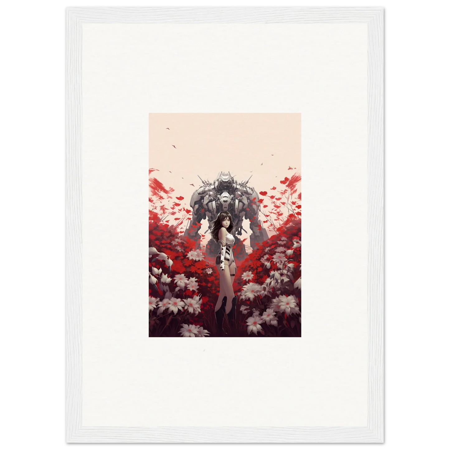 Robotic figure surrounded by red and white flowers for a unique boundary whimsy canvas print