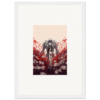 Robotic figure surrounded by red and white flowers for a unique boundary whimsy canvas print