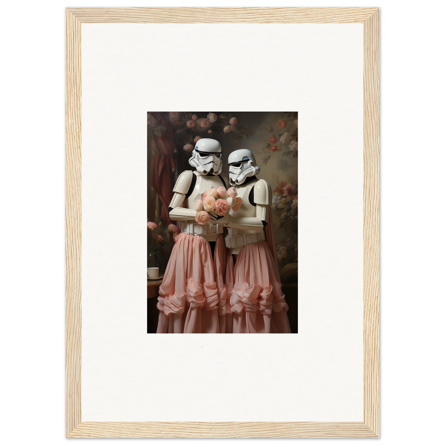 Framed artwork depicting two Stormtroopers wearing pink tutus and holding a bouquet.