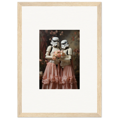 Framed artwork depicting two Stormtroopers wearing pink tutus and holding a bouquet.