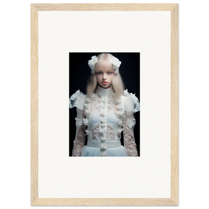 Framed portrait photograph of a person wearing an ornate white lace outfit and headdress against a dark background.