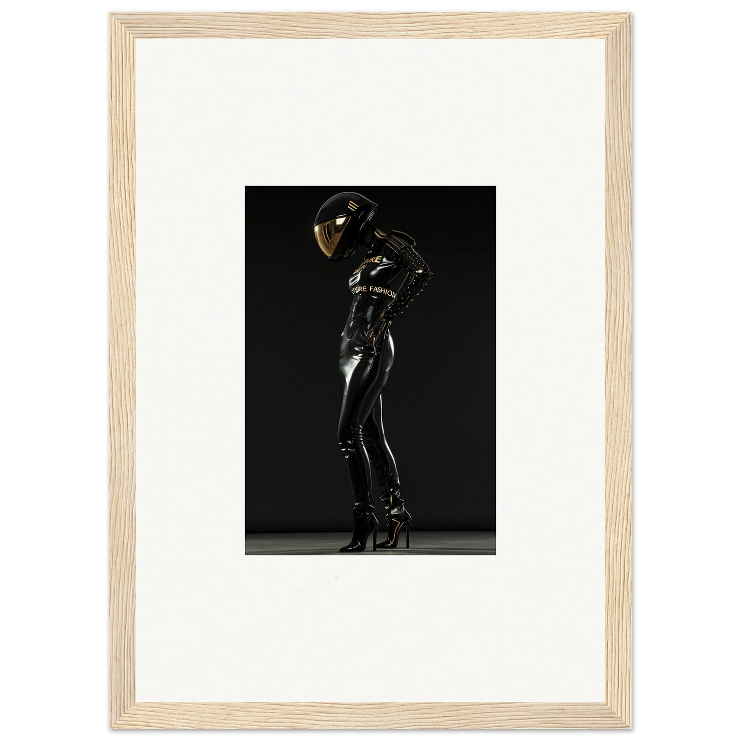 Sleek black latex-clad figure posing dramatically against a dark background.