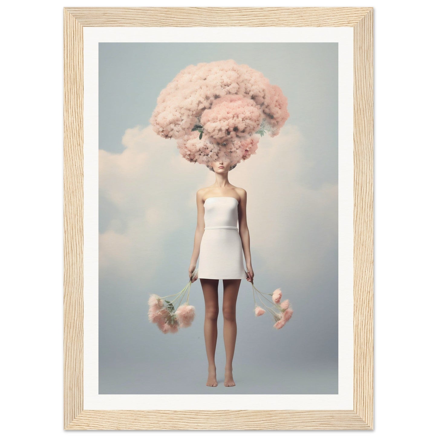 Surreal figure with a pink cotton candy-like cloud for a head, wearing a white mini dress.