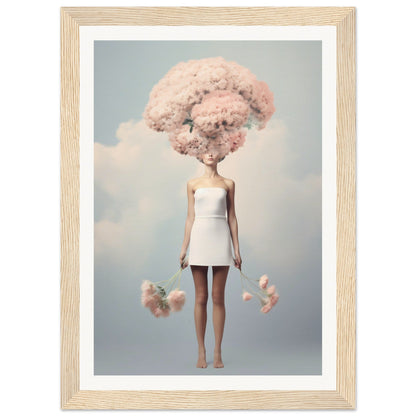 Surreal figure with a pink cotton candy-like cloud for a head, wearing a white mini dress.