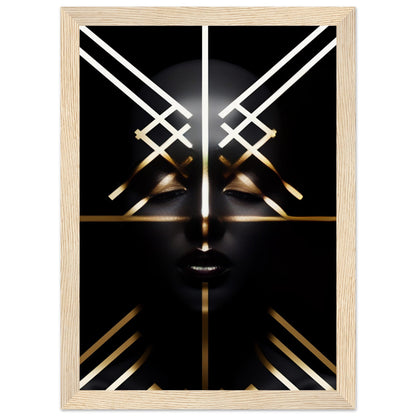 Abstract geometric face design with gold and white lines on a black background.