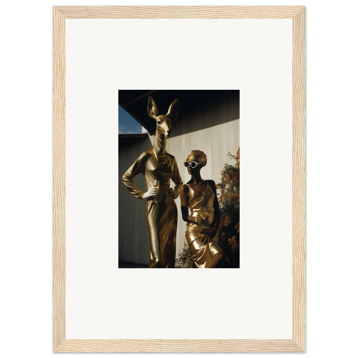 Framed photograph of two golden statues depicting stylized human figures.