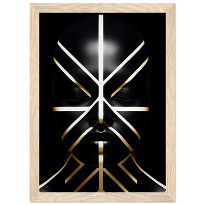 Abstract geometric design resembling a stylized face or mask created with intersecting white and gold lines on a black background.