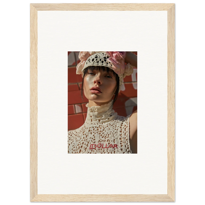 Framed portrait photograph of a person wearing a white crocheted hat and high-necked top.