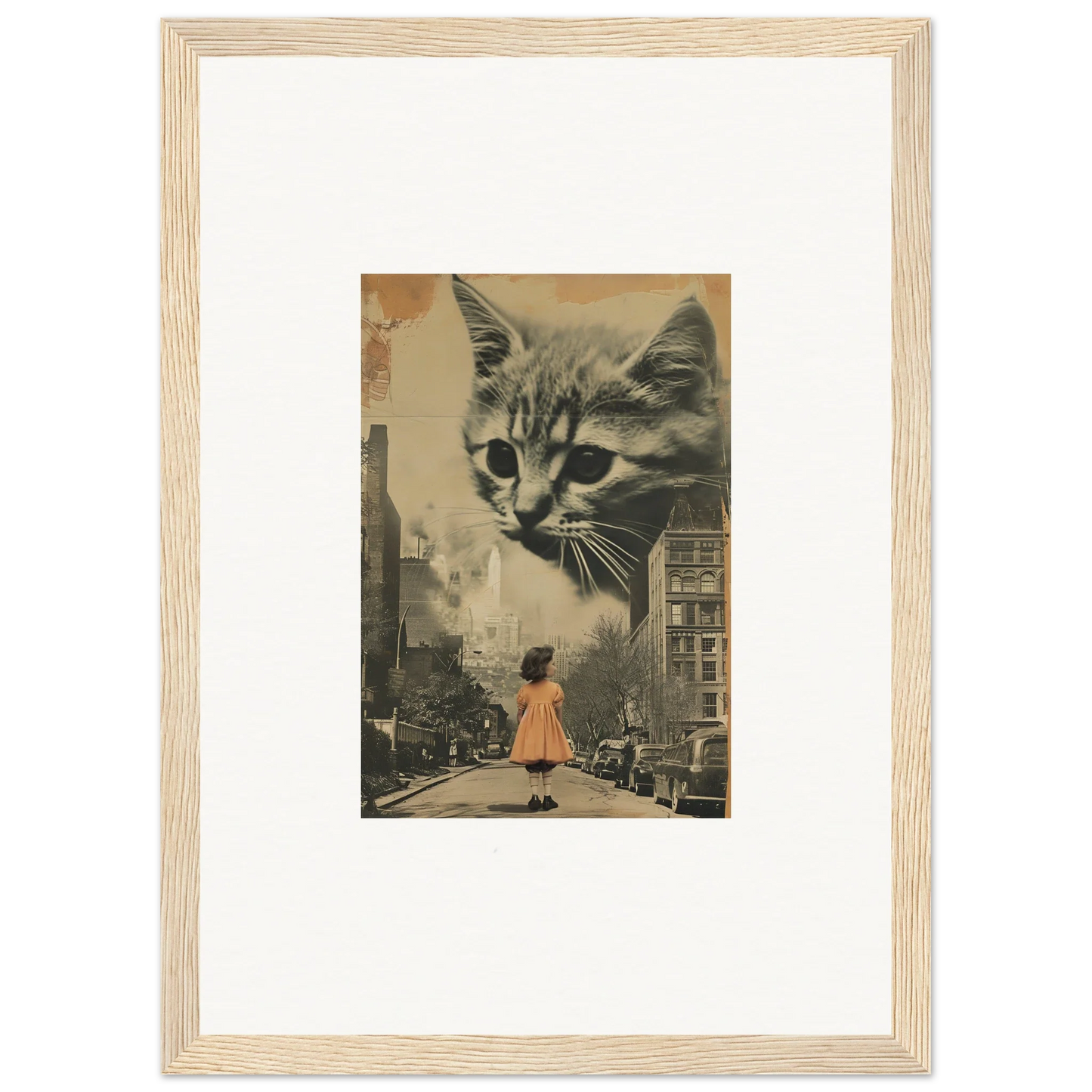 Giant cat face artwork over a vintage street - perfect wall art for room decoration!