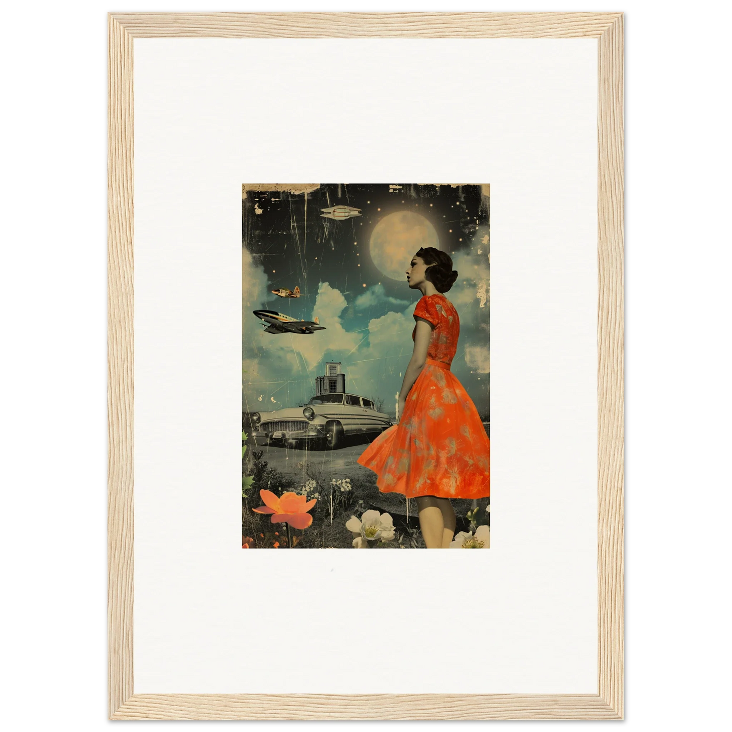 Framed canvas print of a woman in a red-orange dress for unique room decoration