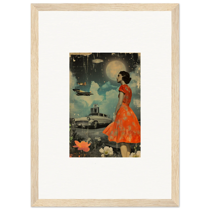 Framed canvas print of a woman in a red-orange dress for unique room decoration