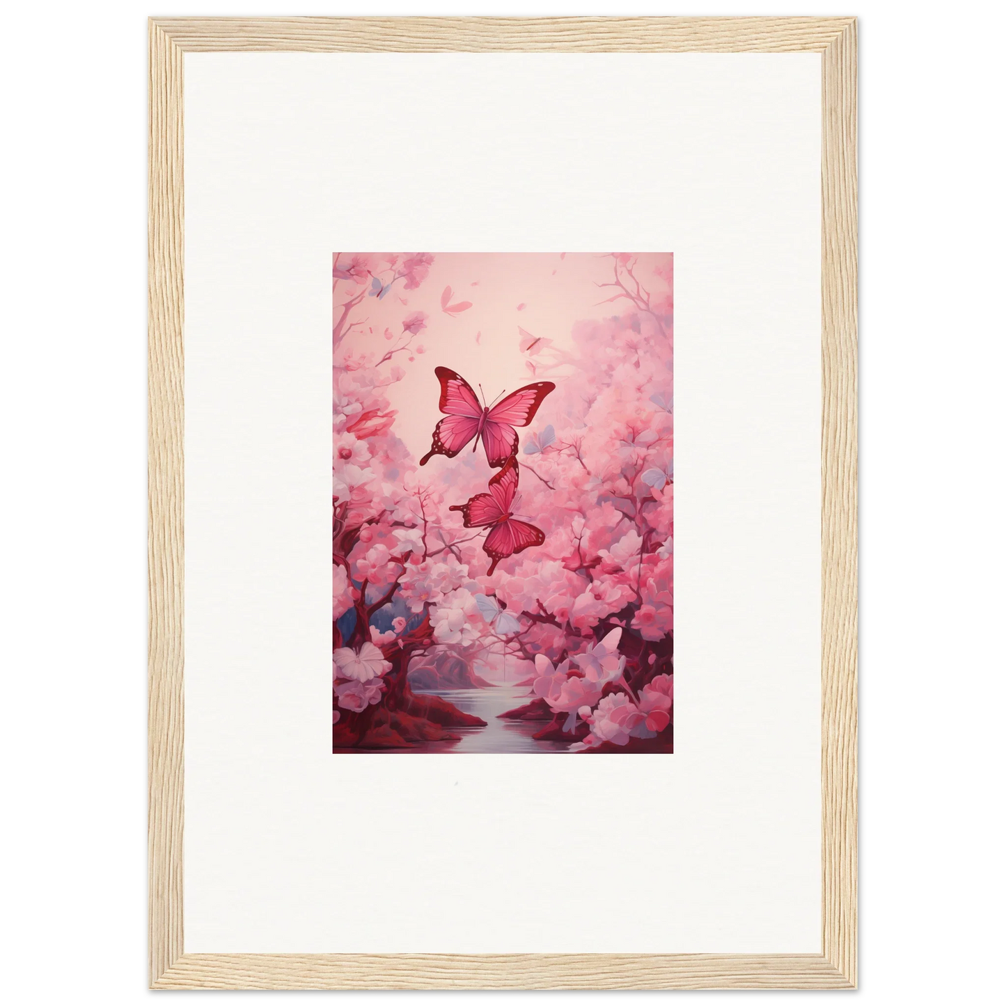 Framed canvas print of pink butterflies in cherry blossoms for spring euphoria room decoration